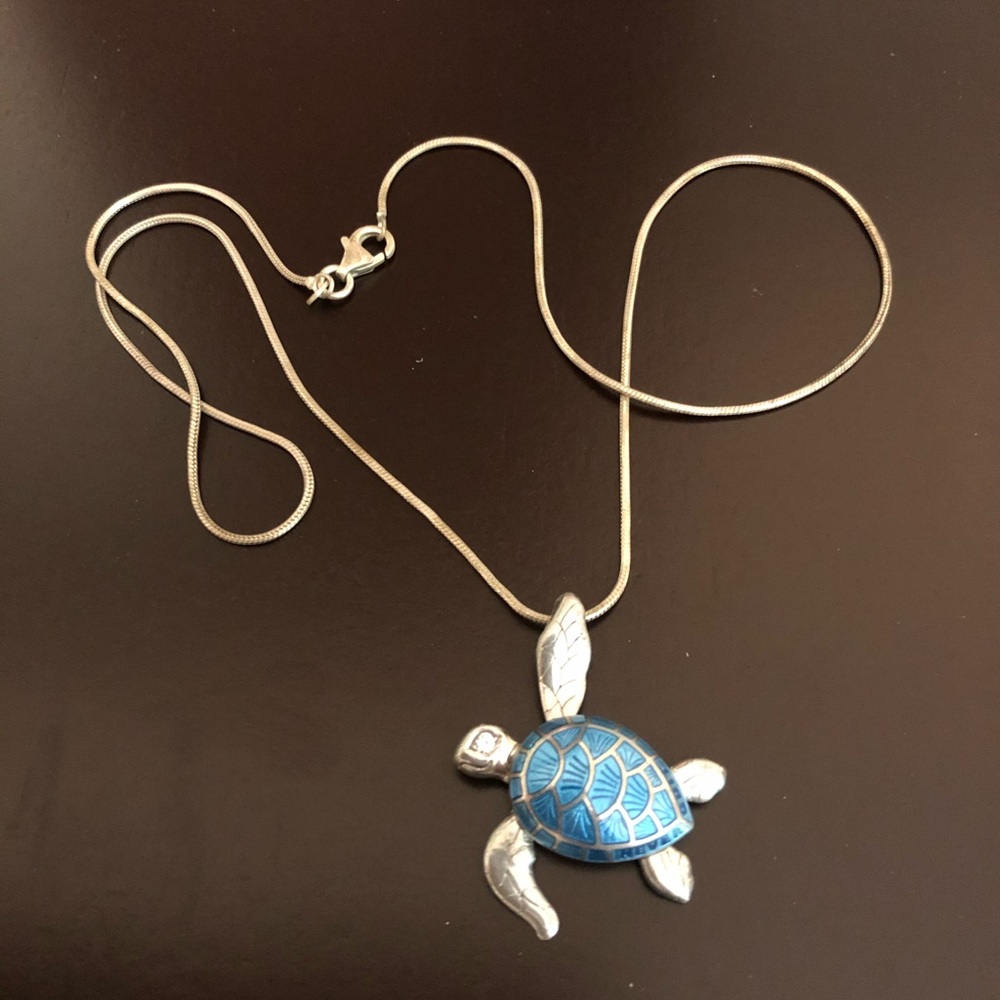 Silver turtle with rhinestone eye necklace